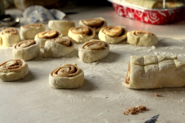 sliced cinnamon roll dough.